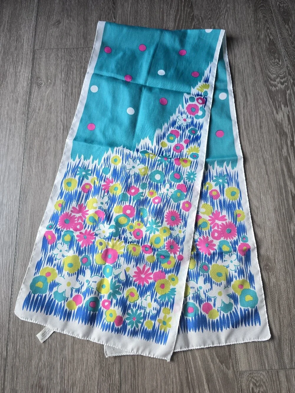 Vintage Mod Floral Scarf Long Oblong Blue Pink Polka Dot Flower Power Italy